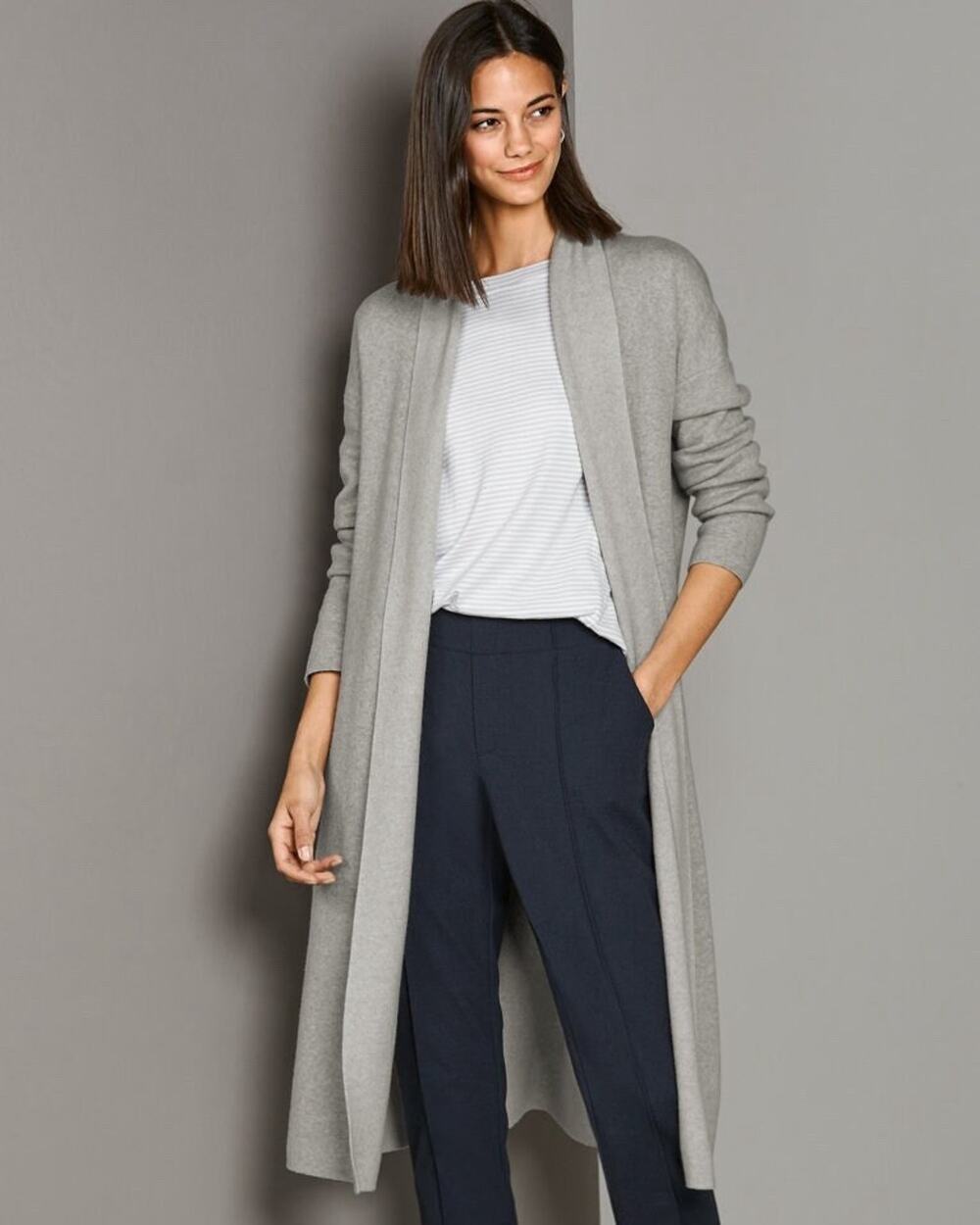 Garnet Hill Merino Wool Duster Cardigan Women’s Medium Melange Gray Double Knit